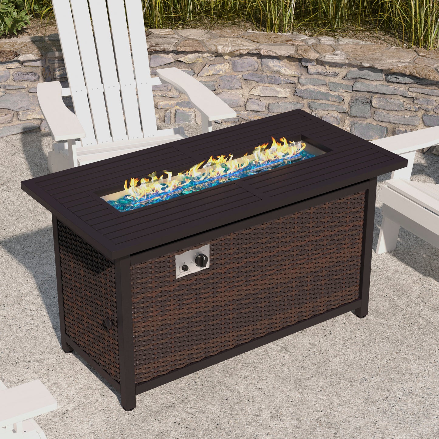 Olympia 45" x 25" Outdoor Propane Gas 50,000 BTU Fire Pit Table with Stainless Steel Tabletop, Lid, Glass Beads, Wicker Base-Espresso/Black Espresso/Black