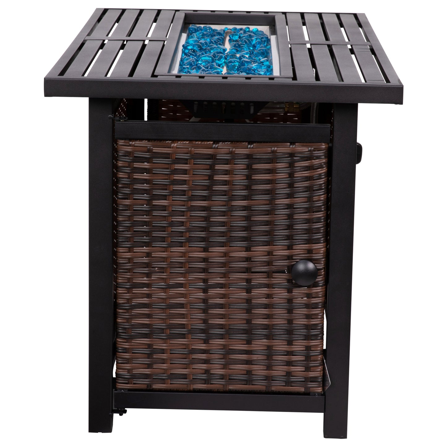 Olympia 45" x 25" Outdoor Propane Gas 50,000 BTU Fire Pit Table with Stainless Steel Tabletop, Lid, Glass Beads, Wicker Base-Espresso/Black Espresso/Black
