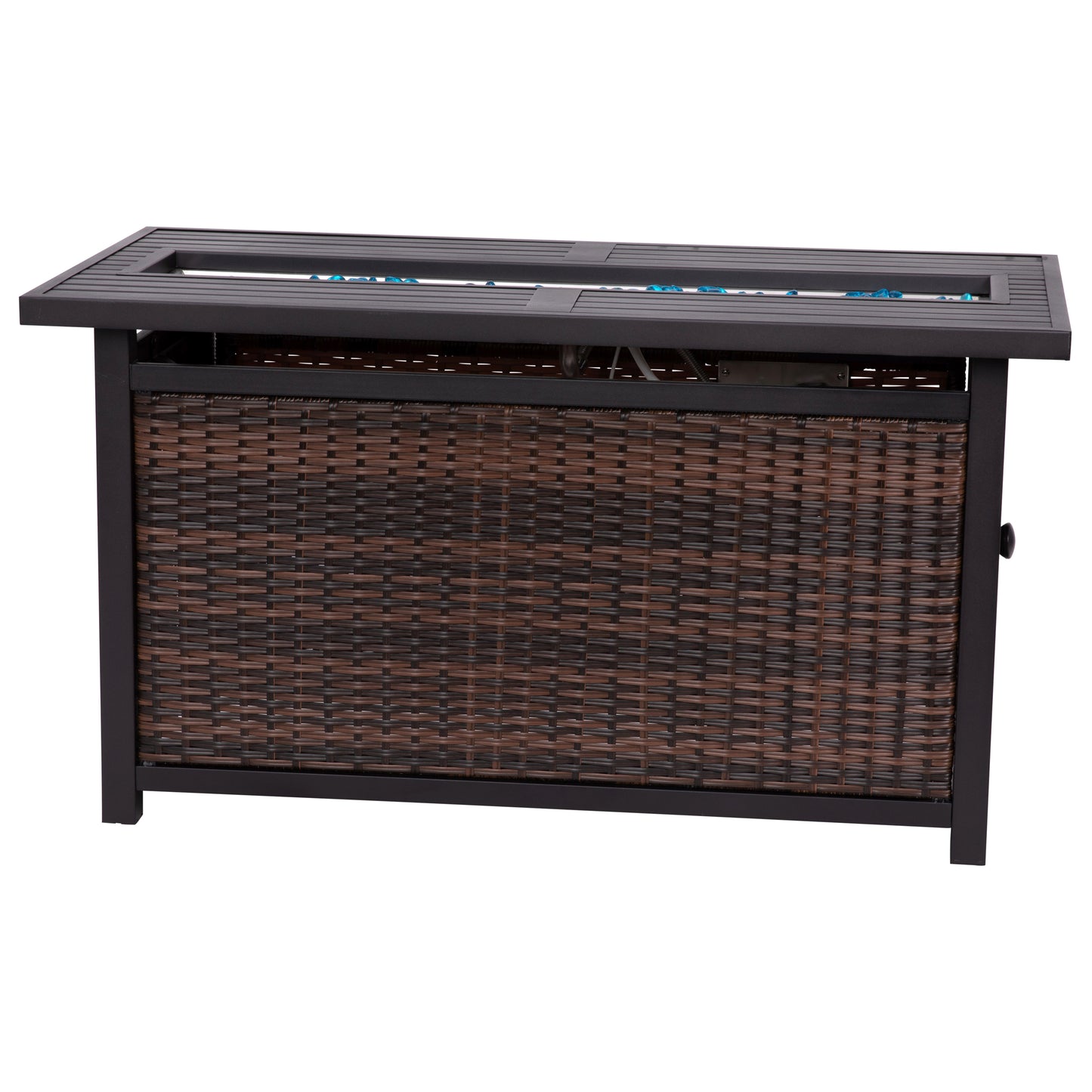 Olympia 45" x 25" Outdoor Propane Gas 50,000 BTU Fire Pit Table with Stainless Steel Tabletop, Lid, Glass Beads, Wicker Base-Espresso/Black Espresso/Black