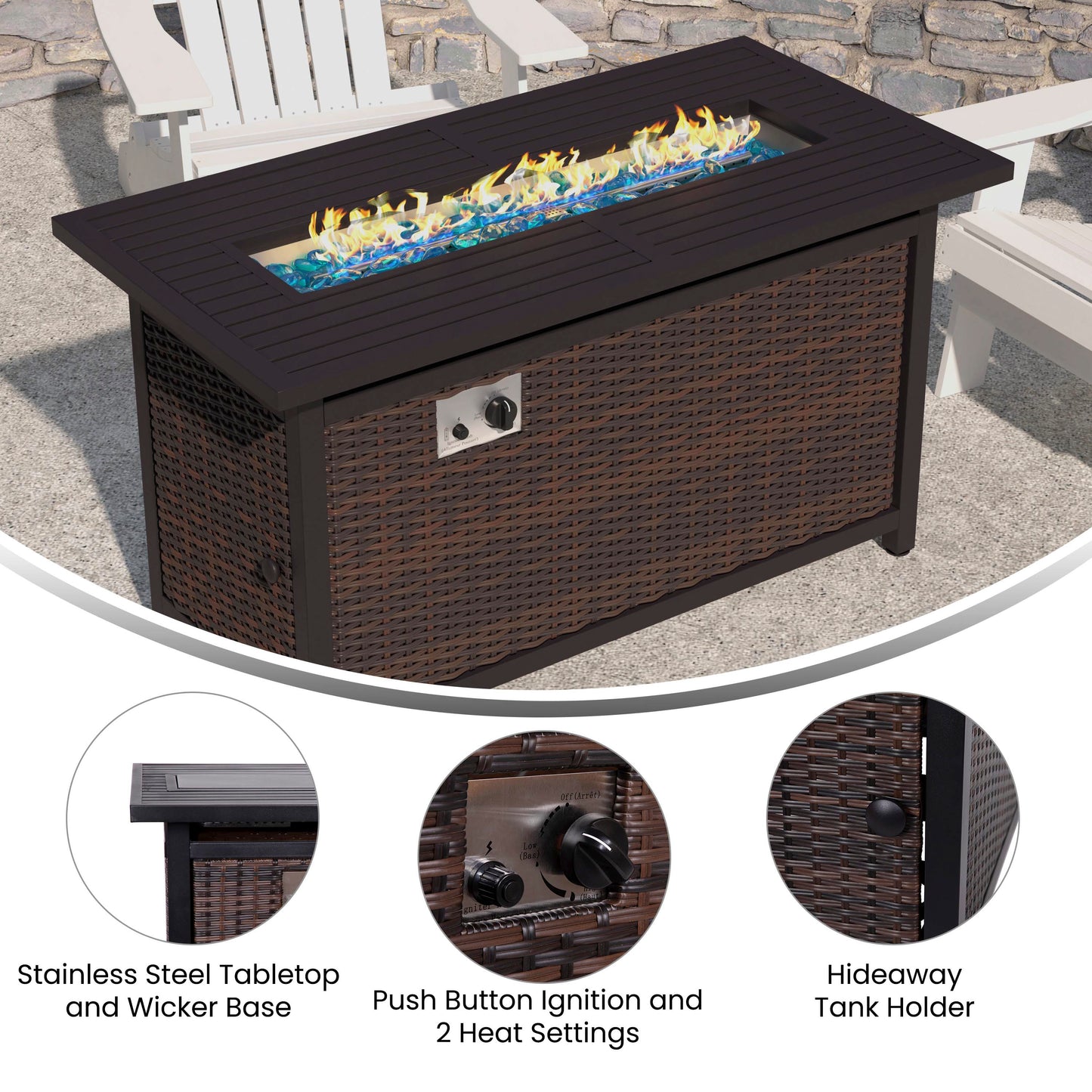 Olympia 45" x 25" Outdoor Propane Gas 50,000 BTU Fire Pit Table with Stainless Steel Tabletop, Lid, Glass Beads, Wicker Base-Espresso/Black Espresso/Black