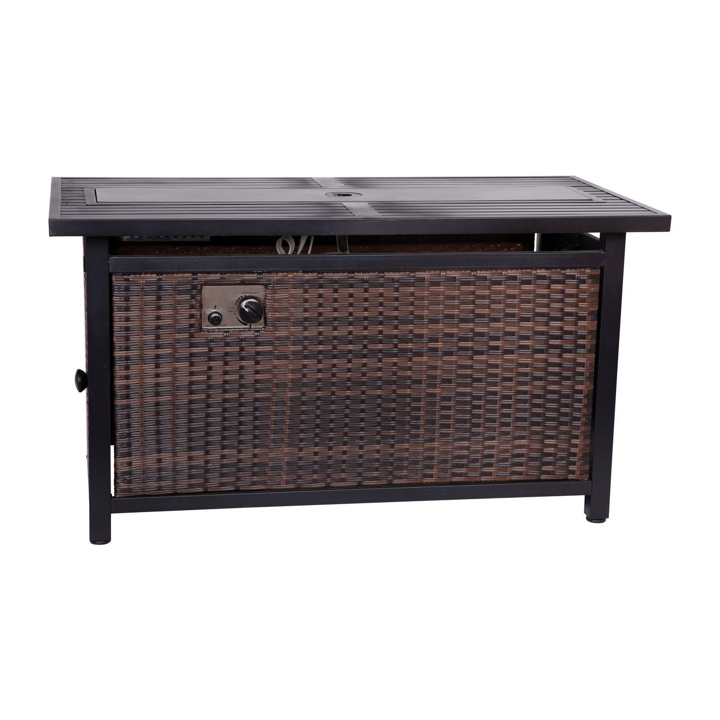 Olympia 45" x 25" Outdoor Propane Gas 50,000 BTU Fire Pit Table with Stainless Steel Tabletop, Lid, Glass Beads, Wicker Base-Espresso/Black Espresso/Black