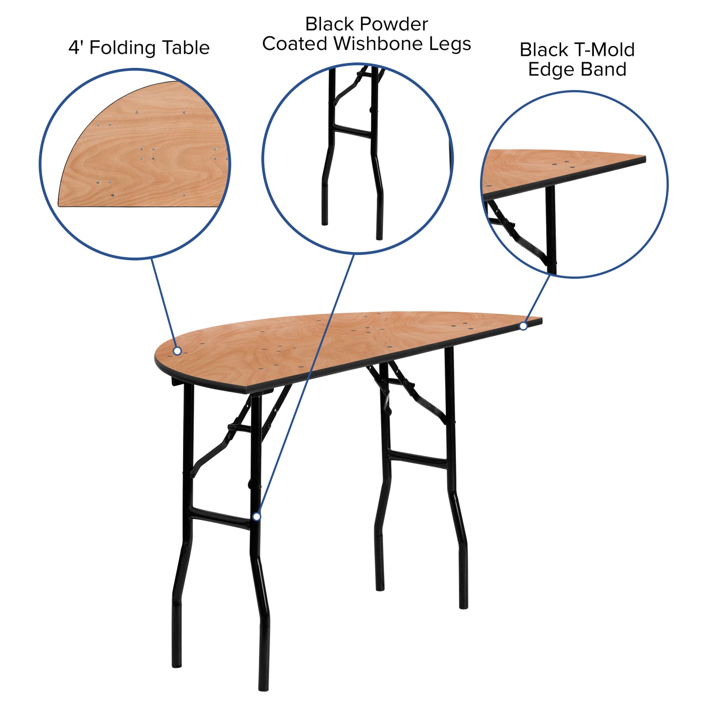 Furman 4-Foot Half-Round Wood Folding Banquet Table Natural YT-WHRFT48-HF-GG