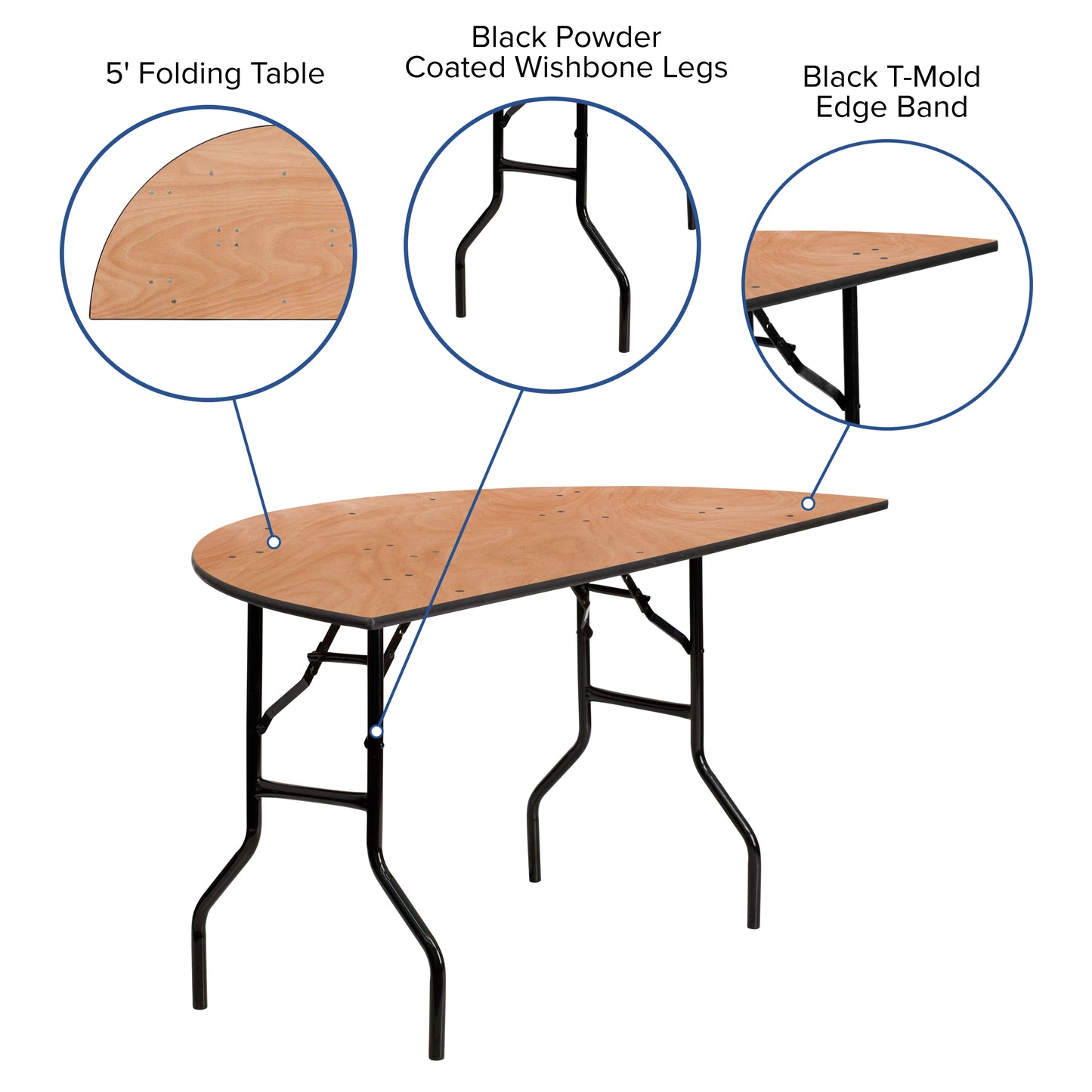 Furman 5-Foot Half-Round Wood Folding Banquet Table Natural