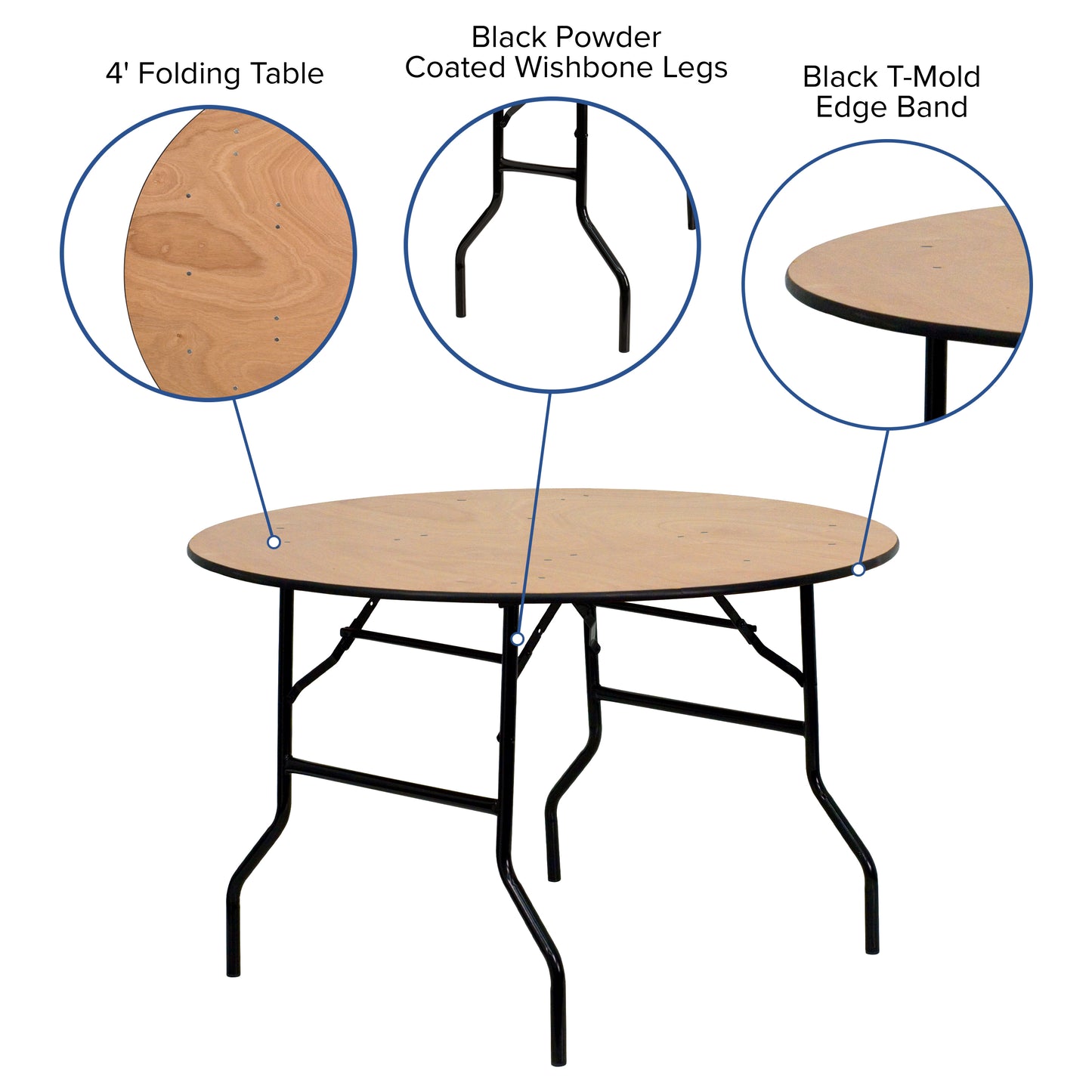 Furman 4-Foot Round Wood Folding Banquet Table with Clear Coated Finished Top Natural