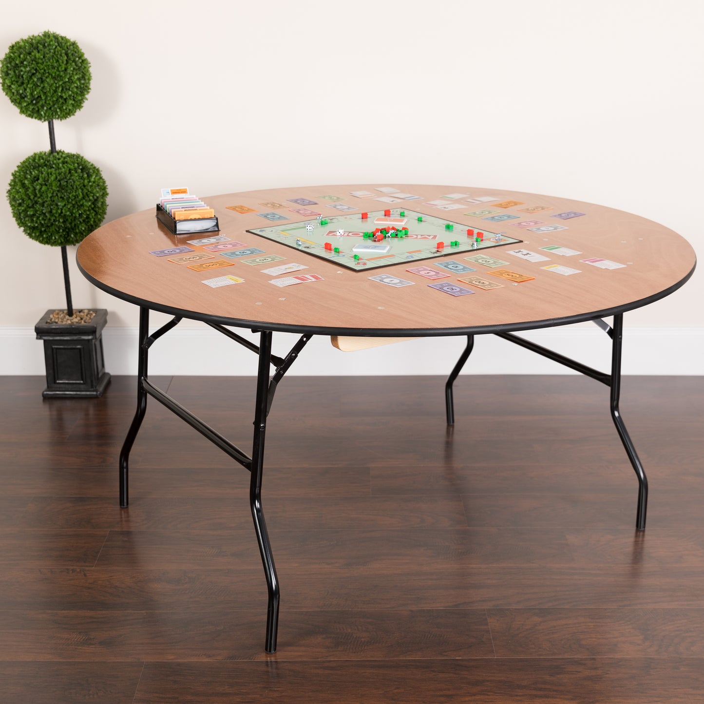 Furman 5-Foot Round Wood Folding Banquet Table with Clear Coated Finished Top Natural