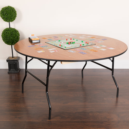 Furman 5-Foot Round Wood Folding Banquet Table with Clear Coated Finished Top Natural