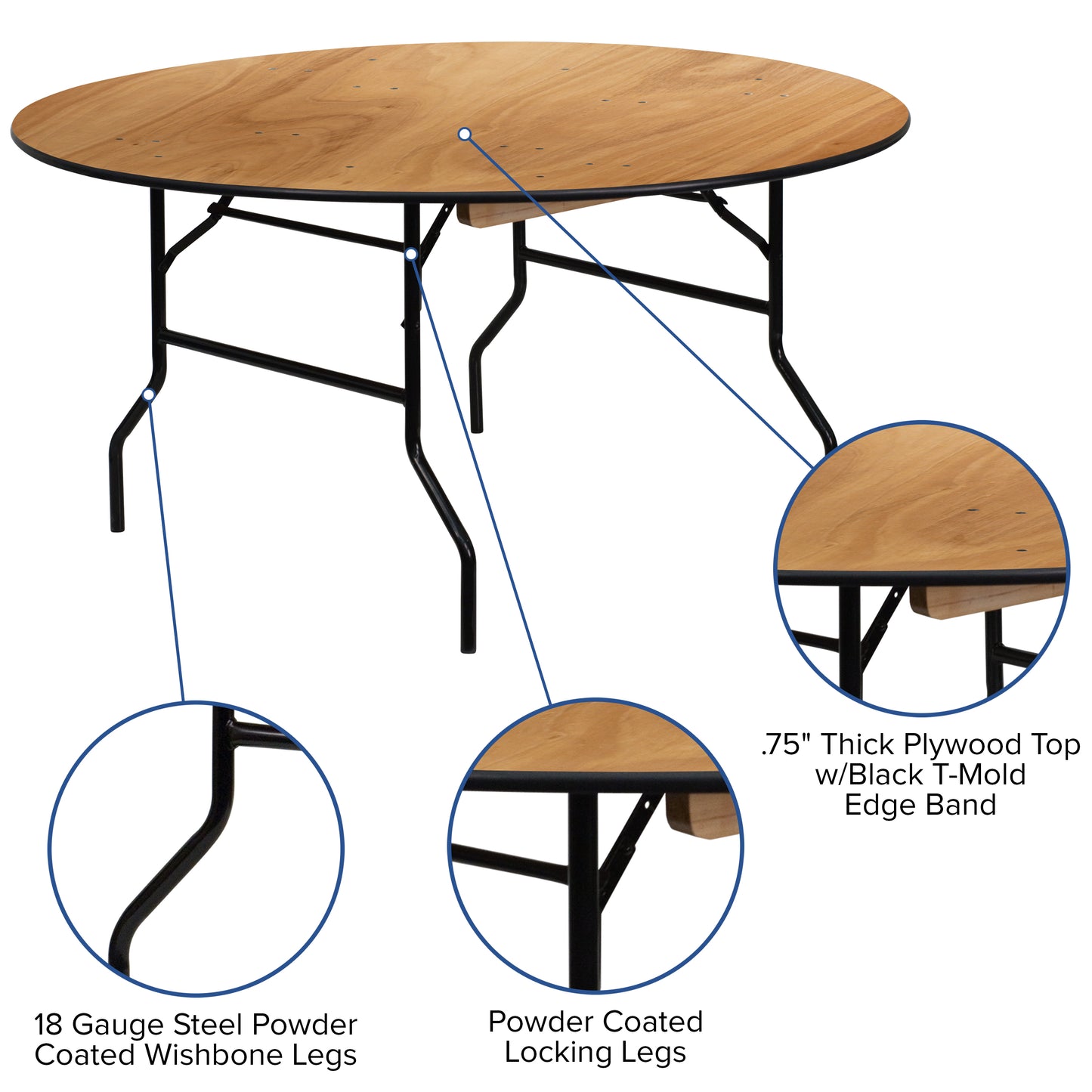 Furman 5-Foot Round Wood Folding Banquet Table with Clear Coated Finished Top Natural