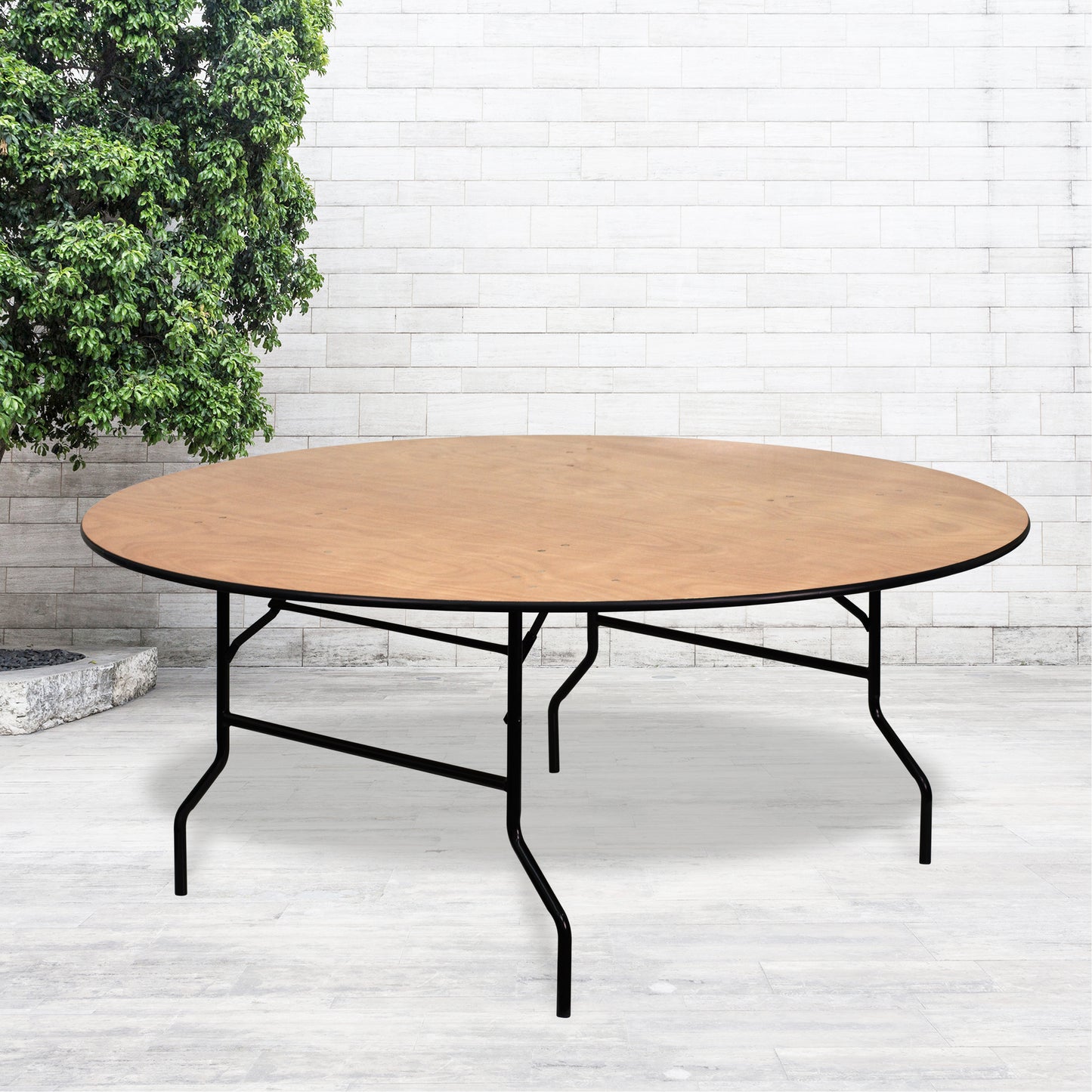 Furman 6-Foot Round Wood Folding Banquet Table with Clear Coated Finished Top Natural