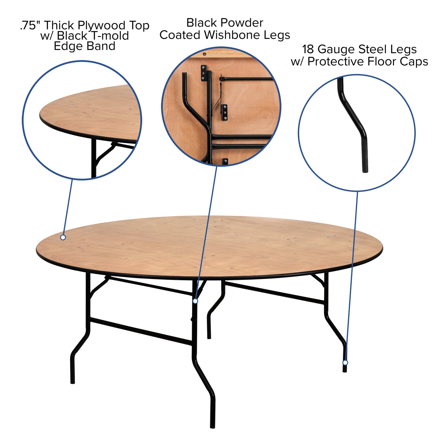 Furman 6-Foot Round Wood Folding Banquet Table with Clear Coated Finished Top Natural