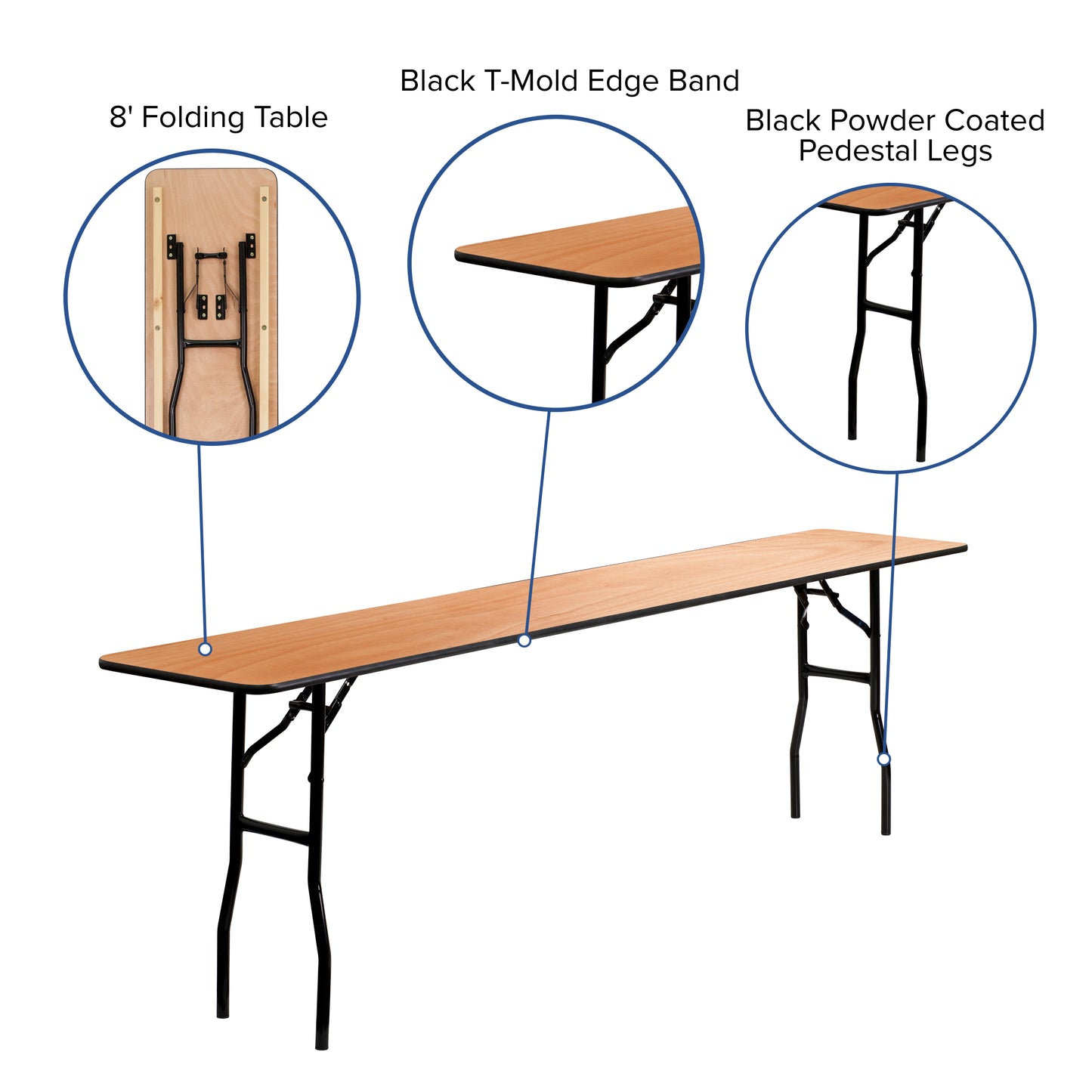 Gael 8-Foot Rectangular Wood Folding Training / Seminar Table with Smooth Clear Coated Finished Top Natural