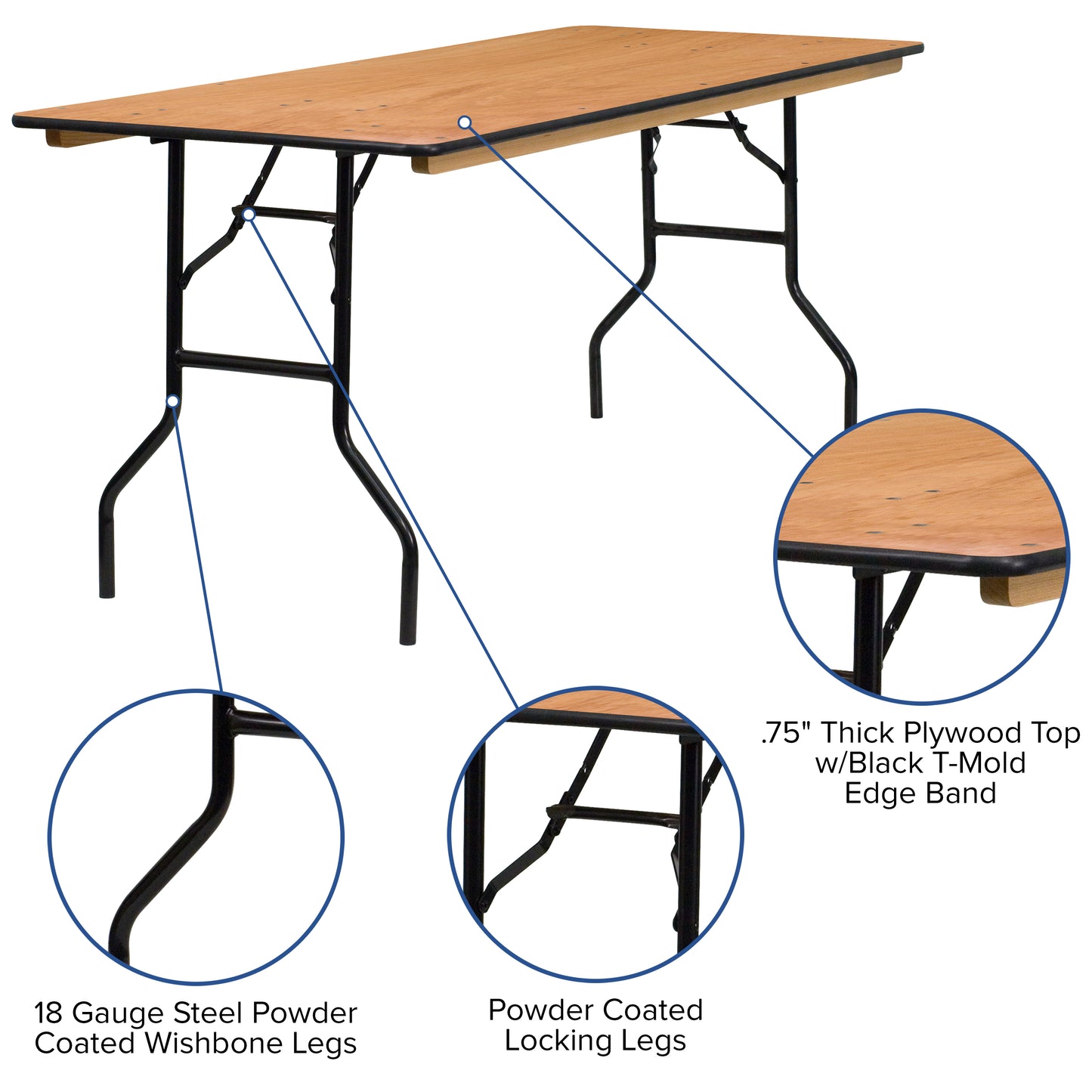 Gael 6-Foot Rectangular Wood Folding Banquet Table with Clear Coated Finished Top Natural YT-WTFT30X72-TBL-GG