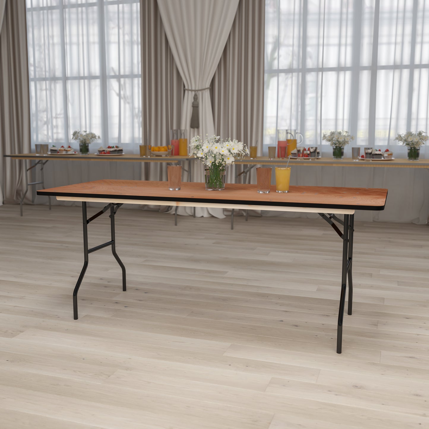Gael 6-Foot Rectangular Wood Folding Banquet Table with Clear Coated Finished Top Natural YT-WTFT30X72-TBL-GG