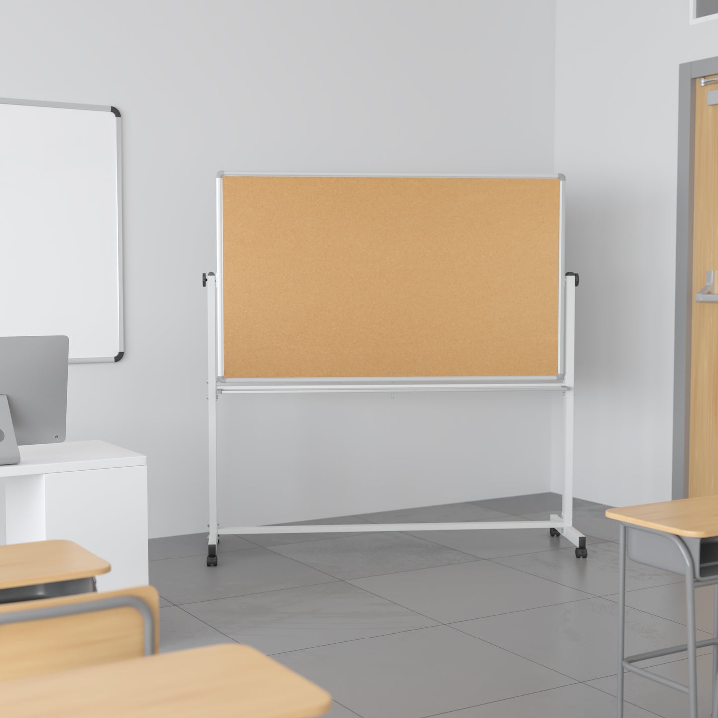 HERCULES Series 45.25"W x 54.75"H Reversible Mobile Cork Bulletin Board and White Board with Pen Tray Natural/White