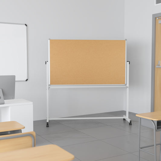 HERCULES Series 45.25"W x 54.75"H Reversible Mobile Cork Bulletin Board and White Board with Pen Tray Natural/White
