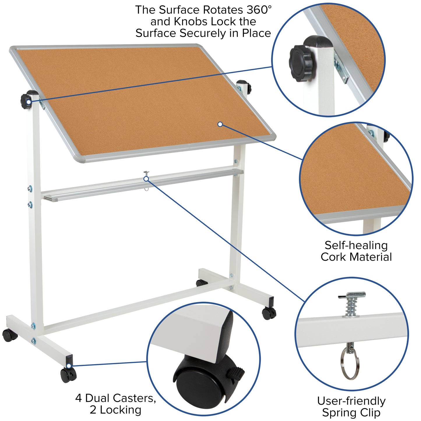 HERCULES Series 45.25"W x 54.75"H Reversible Mobile Cork Bulletin Board and White Board with Pen Tray Natural/White