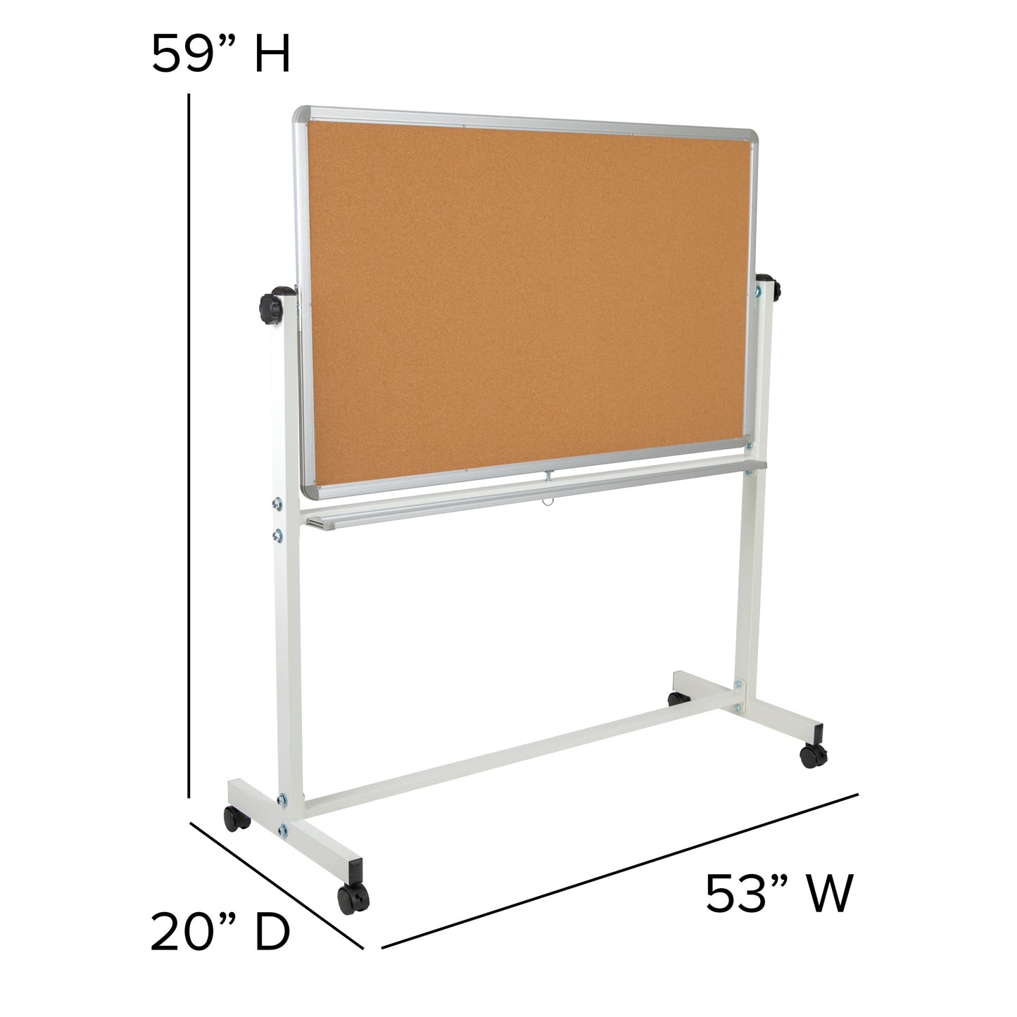 HERCULES Series 53"W x 59"H Reversible Mobile Cork Bulletin Board and White Board with Pen Tray Natural/White