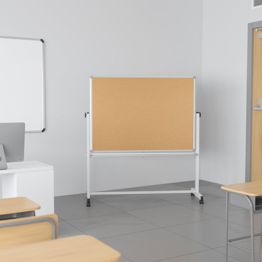 HERCULES Series 53"W x 59"H Reversible Mobile Cork Bulletin Board and White Board with Pen Tray Natural/White
