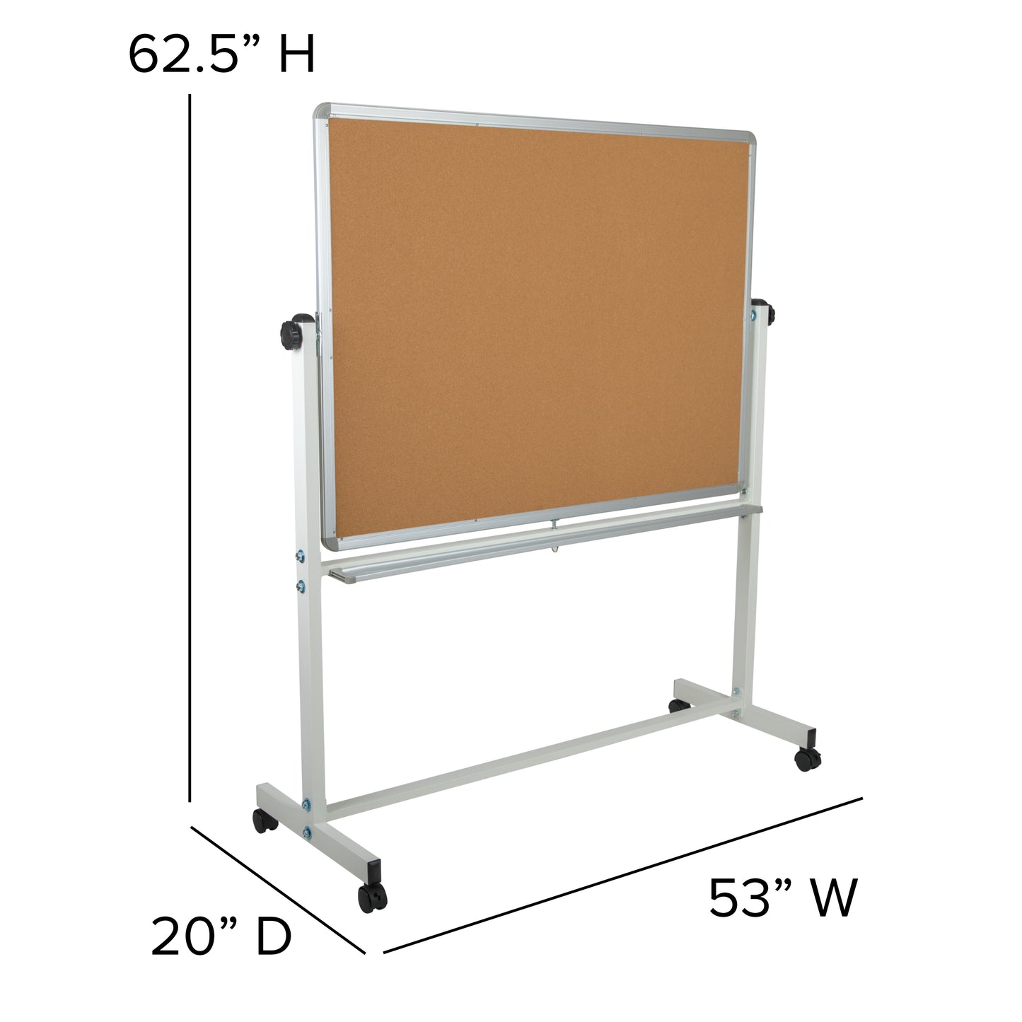 HERCULES Series 53"W x 62.5"H Reversible Mobile Cork Bulletin Board and White Board with Pen Tray Natural/White