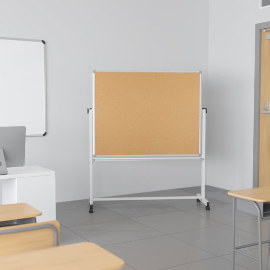 HERCULES Series 53"W x 62.5"H Reversible Mobile Cork Bulletin Board and White Board with Pen Tray Natural/White
