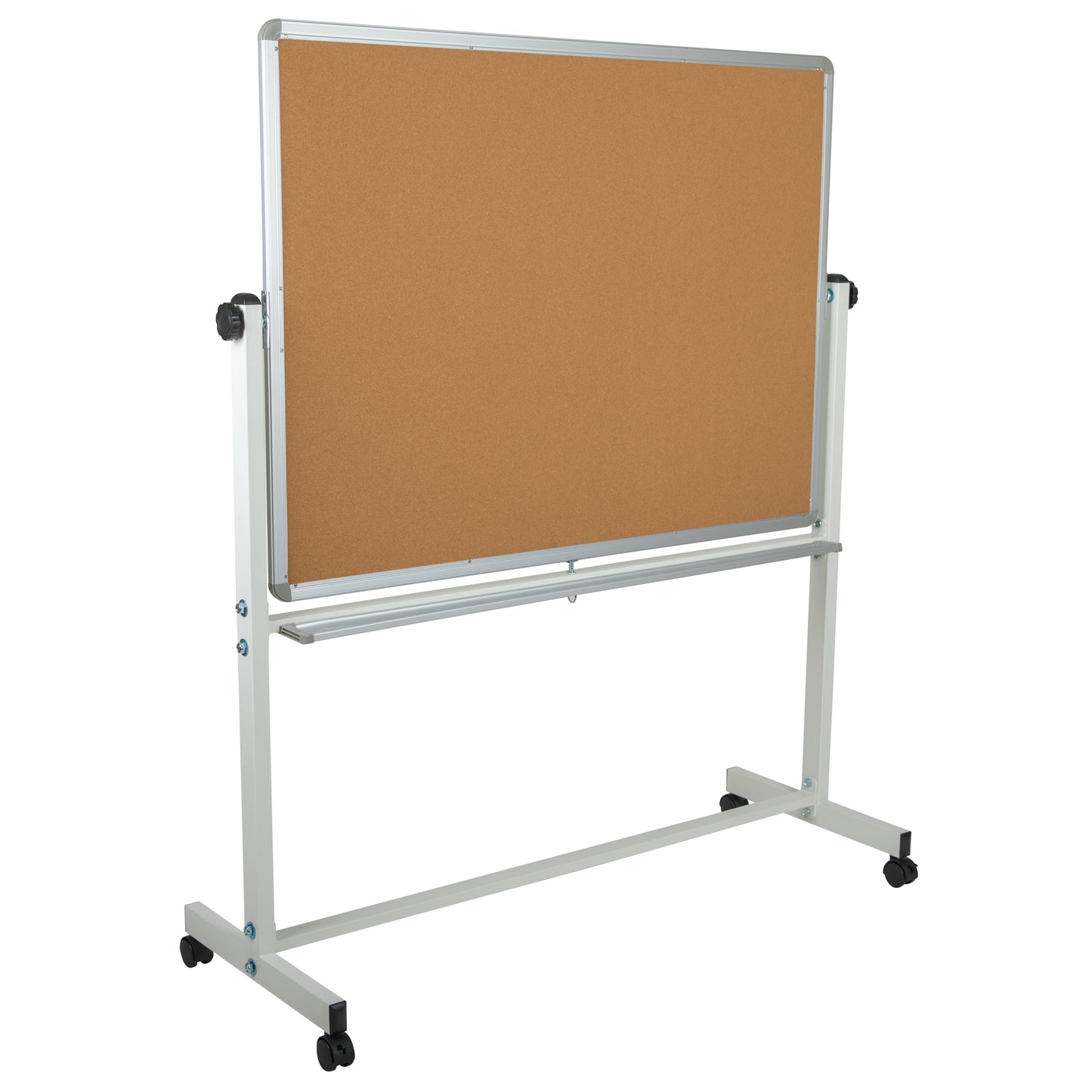 HERCULES Series 53"W x 62.5"H Reversible Mobile Cork Bulletin Board and White Board with Pen Tray Natural/White