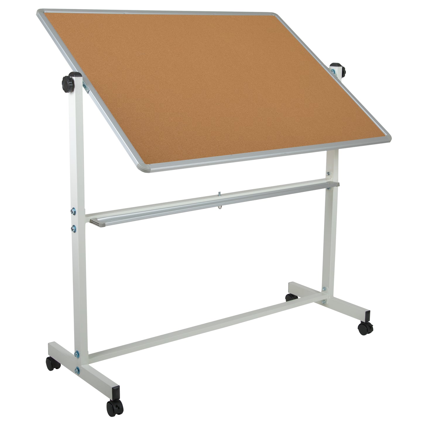 HERCULES Series 53"W x 62.5"H Reversible Mobile Cork Bulletin Board and White Board with Pen Tray Natural/White