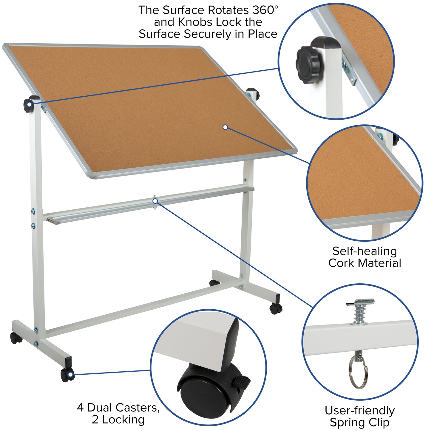 HERCULES Series 53"W x 62.5"H Reversible Mobile Cork Bulletin Board and White Board with Pen Tray Natural/White