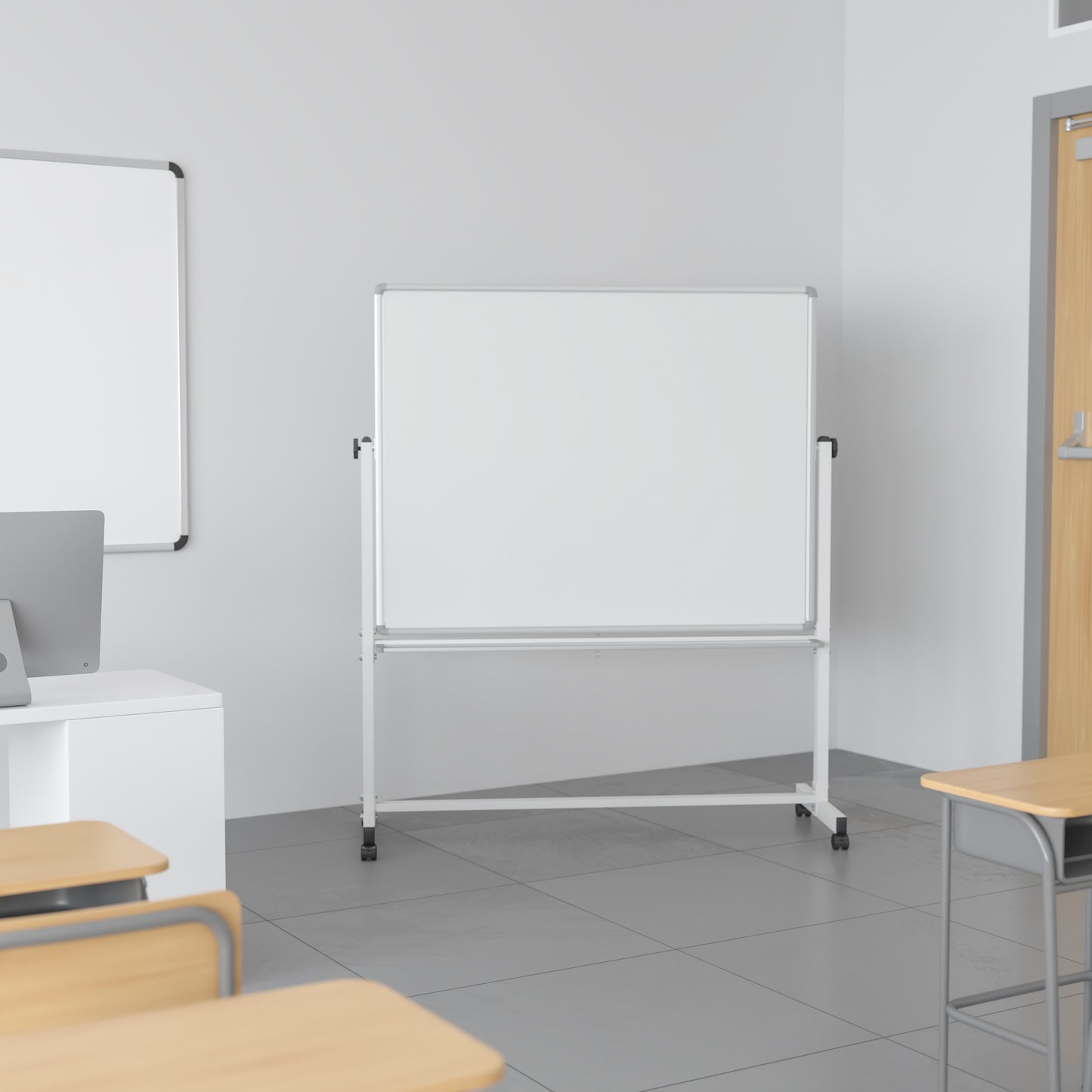 HERCULES Series 53"W x 62.5"H Double-Sided Mobile White Board with Pen Tray White