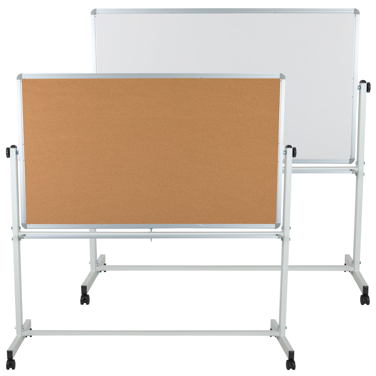 HERCULES Series 62.5"W x 62.25"H Reversible Mobile Cork Bulletin Board and White Board with Pen Tray Natural/White