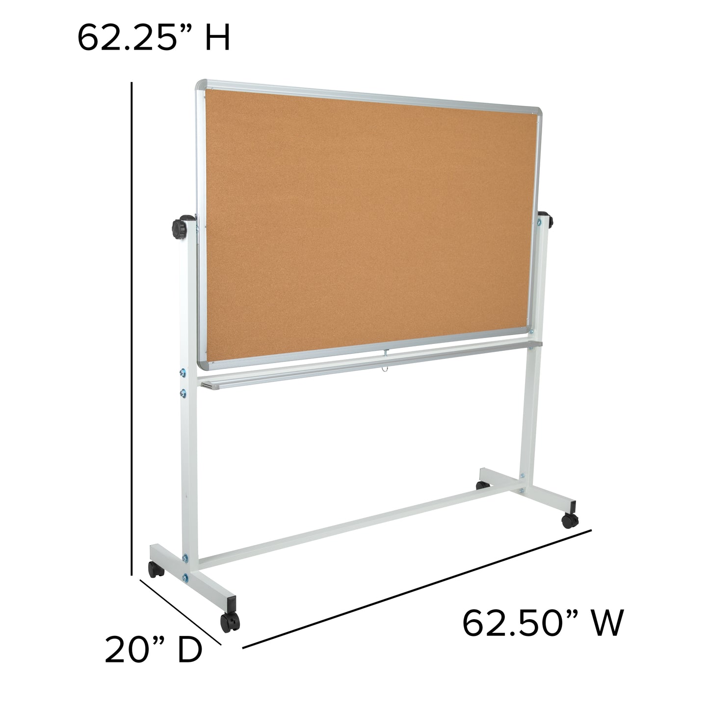 HERCULES Series 62.5"W x 62.25"H Reversible Mobile Cork Bulletin Board and White Board with Pen Tray Natural/White