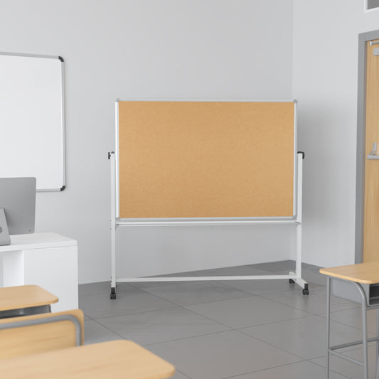 HERCULES Series 62.5"W x 62.25"H Reversible Mobile Cork Bulletin Board and White Board with Pen Tray Natural/White