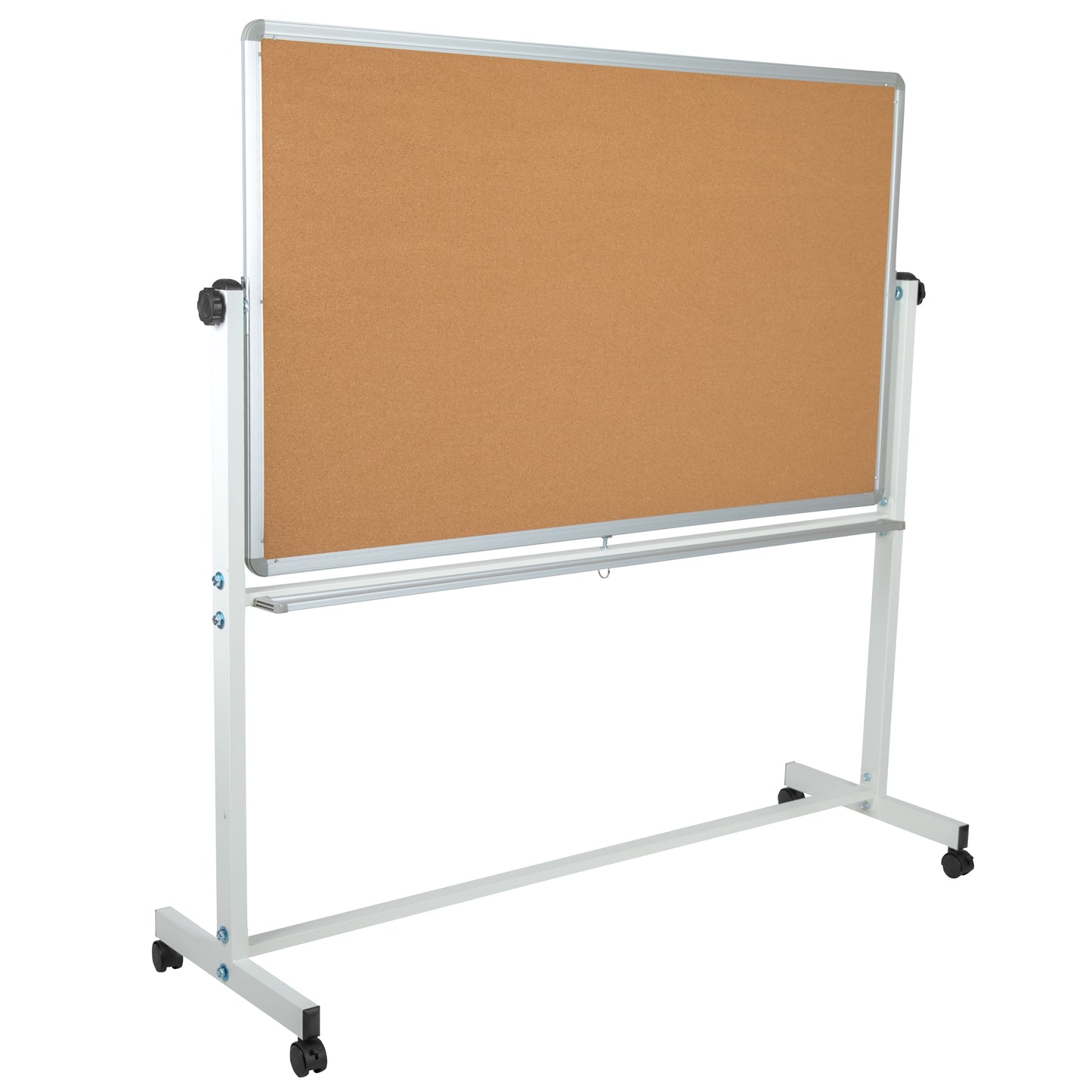 HERCULES Series 62.5"W x 62.25"H Reversible Mobile Cork Bulletin Board and White Board with Pen Tray Natural/White