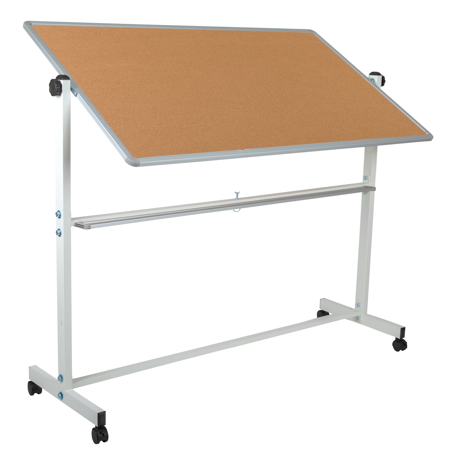 HERCULES Series 62.5"W x 62.25"H Reversible Mobile Cork Bulletin Board and White Board with Pen Tray Natural/White