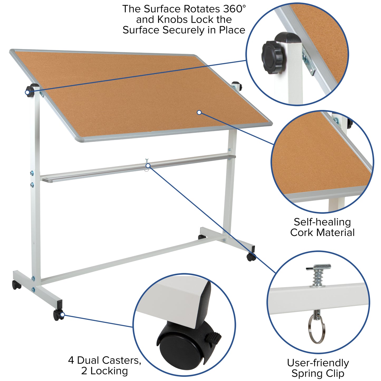HERCULES Series 62.5"W x 62.25"H Reversible Mobile Cork Bulletin Board and White Board with Pen Tray Natural/White