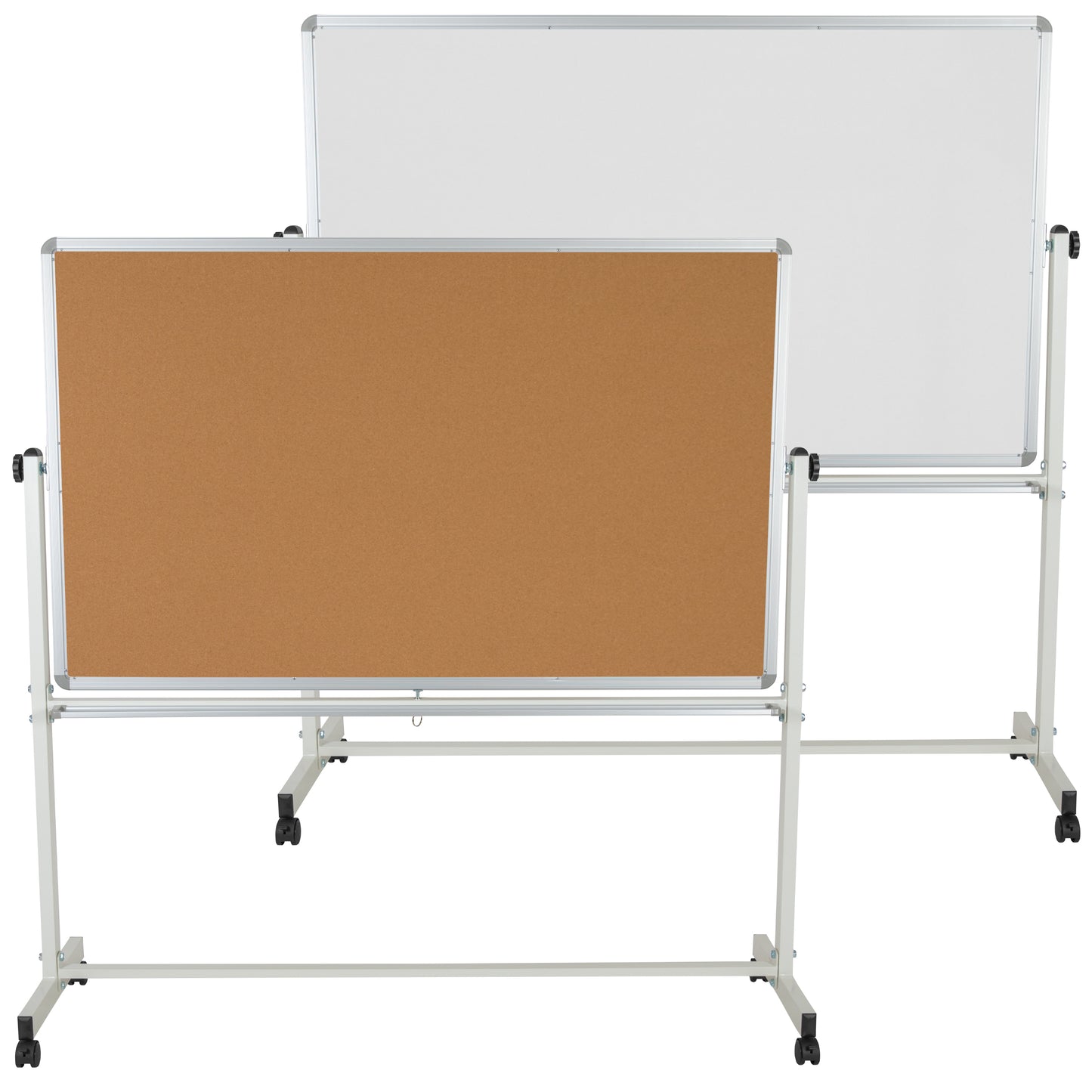 HERCULES Series 64.25"W x 64.75"H Reversible Mobile Cork Bulletin Board and White Board with Pen Tray Natural/White
