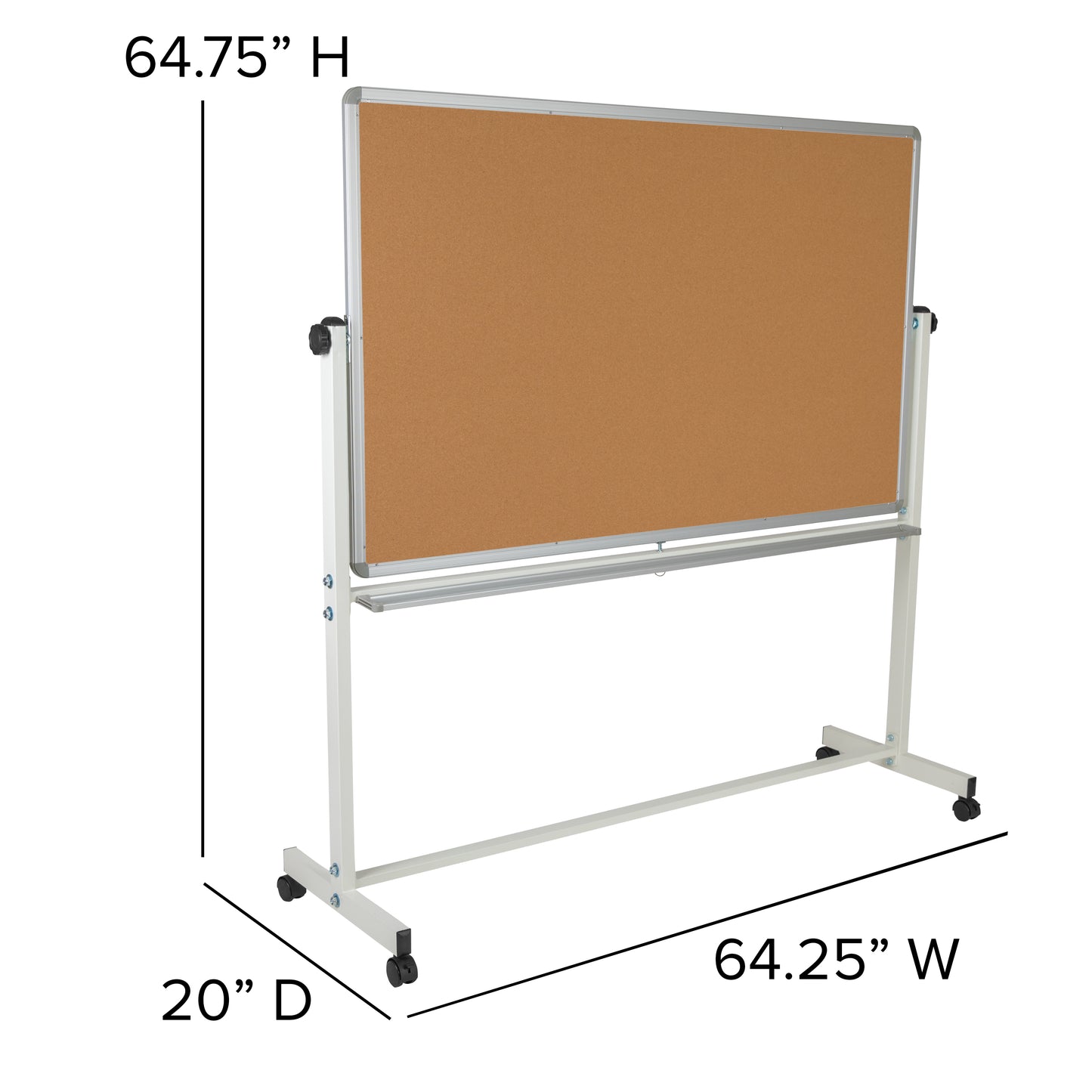 HERCULES Series 64.25"W x 64.75"H Reversible Mobile Cork Bulletin Board and White Board with Pen Tray Natural/White