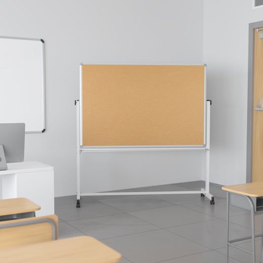 HERCULES Series 64.25"W x 64.75"H Reversible Mobile Cork Bulletin Board and White Board with Pen Tray Natural/White