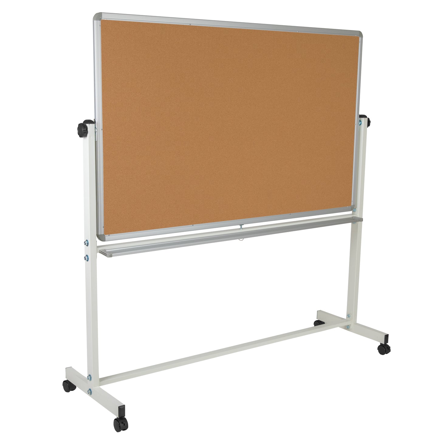 HERCULES Series 64.25"W x 64.75"H Reversible Mobile Cork Bulletin Board and White Board with Pen Tray Natural/White