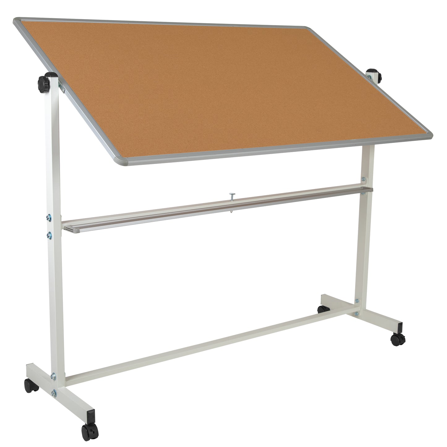 HERCULES Series 64.25"W x 64.75"H Reversible Mobile Cork Bulletin Board and White Board with Pen Tray Natural/White