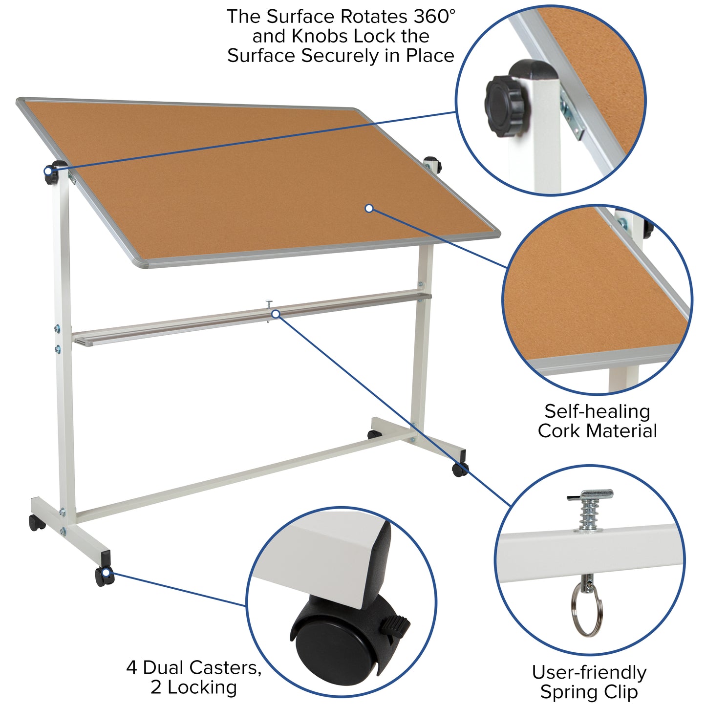 HERCULES Series 64.25"W x 64.75"H Reversible Mobile Cork Bulletin Board and White Board with Pen Tray Natural/White