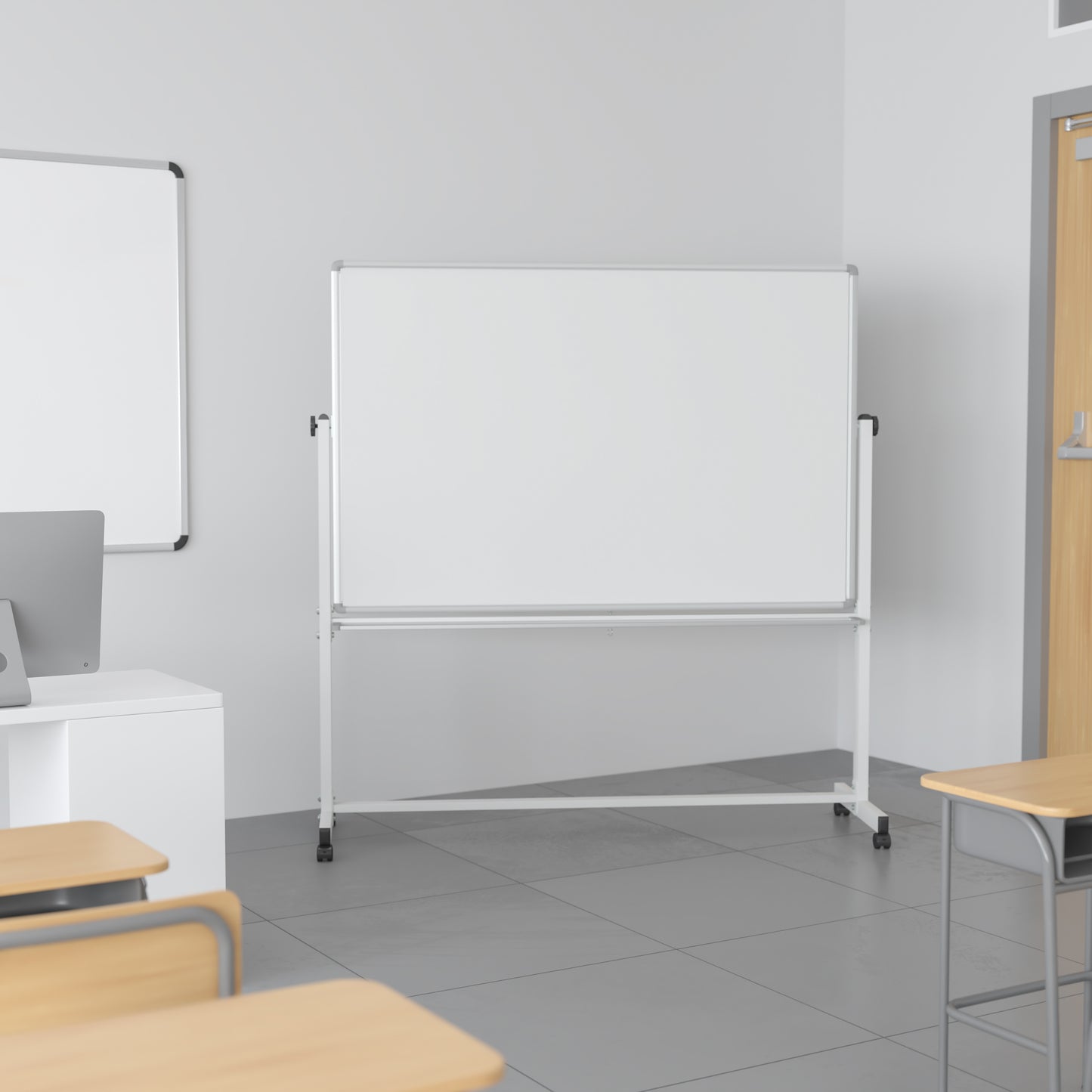 HERCULES Series 64.25"W x 64.75"H Double-Sided Mobile White Board with Pen Tray White YU-YCI-005-GG