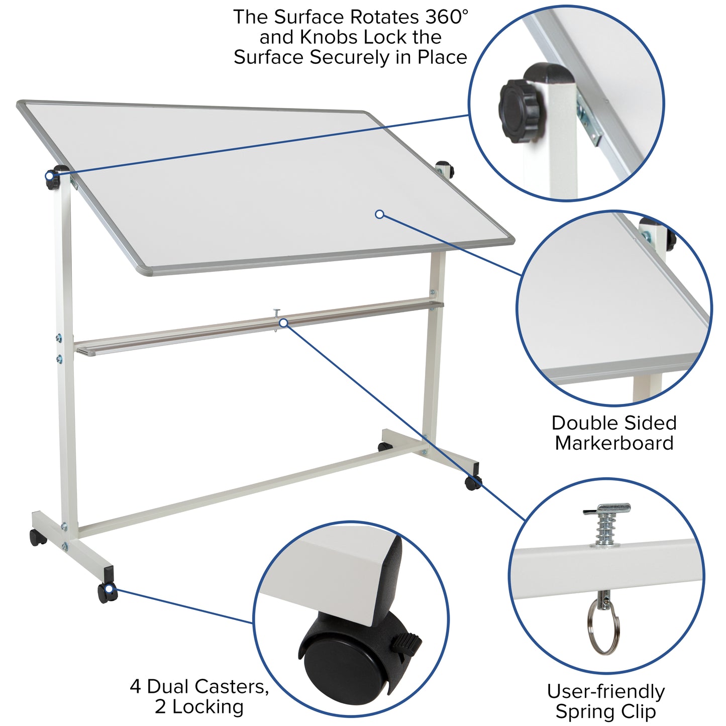 HERCULES Series 64.25"W x 64.75"H Double-Sided Mobile White Board with Pen Tray White YU-YCI-005-GG