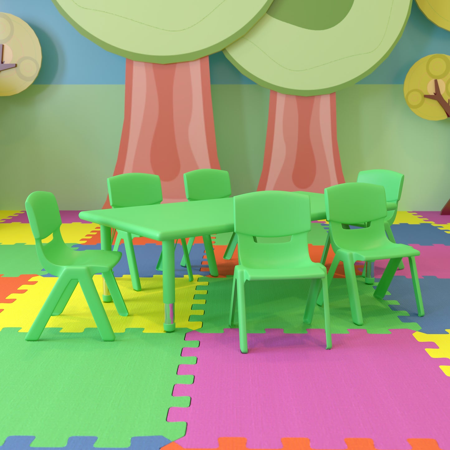 Emmy 24''W x 48''L Rectangular Green Plastic Height Adjustable Activity Table Set with 6 Chairs Green