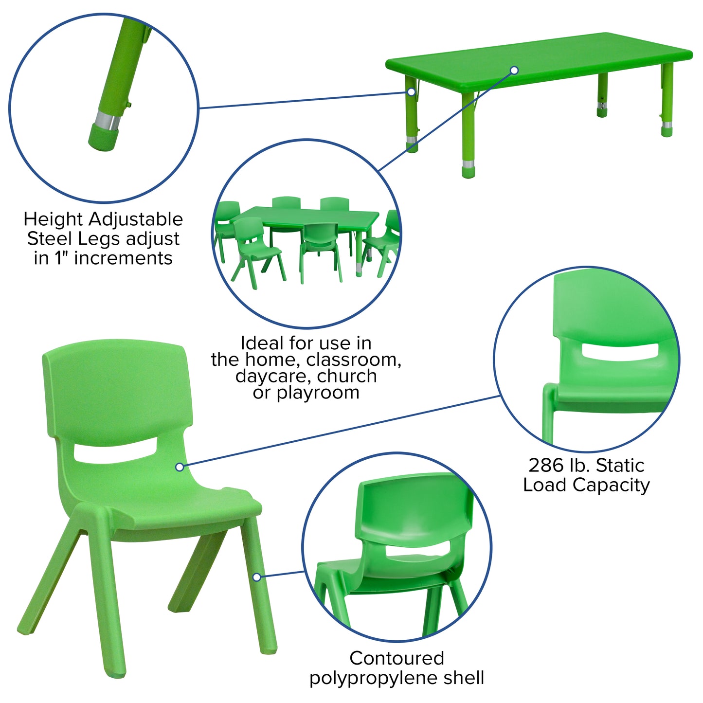 Emmy 24''W x 48''L Rectangular Green Plastic Height Adjustable Activity Table Set with 6 Chairs Green