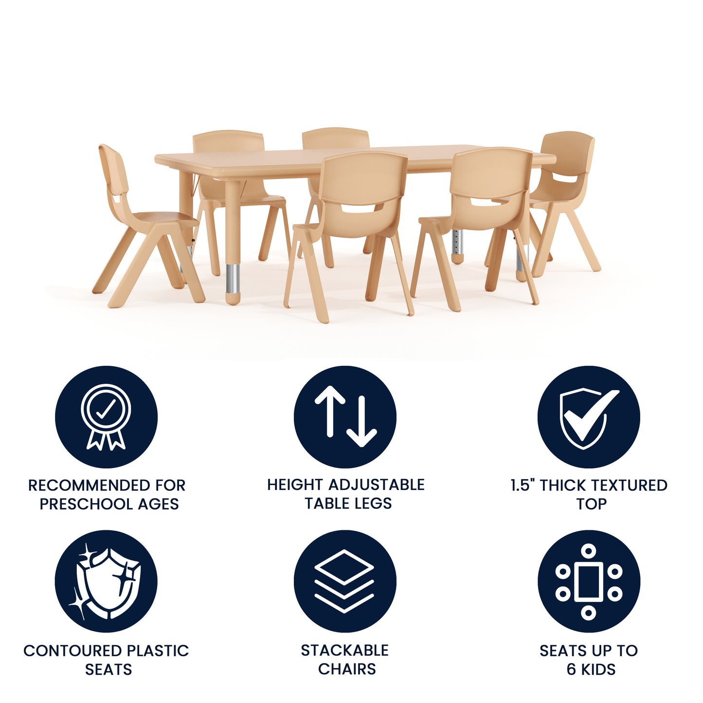 Emmy 24"W x 48"L Rectangular Natural Plastic Height Adjustable Activity Table Set with 6 Chairs Natural