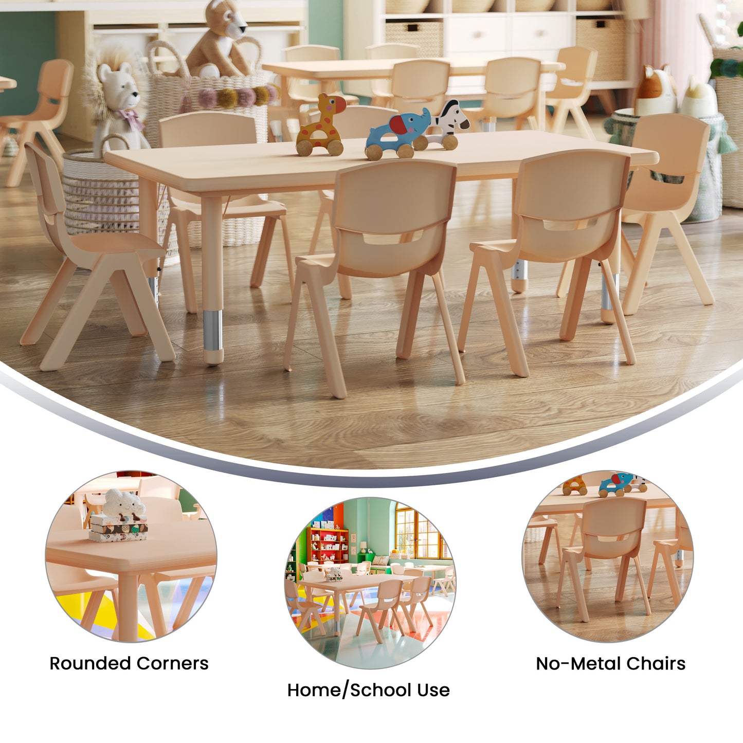Emmy 24"W x 48"L Rectangular Natural Plastic Height Adjustable Activity Table Set with 6 Chairs Natural