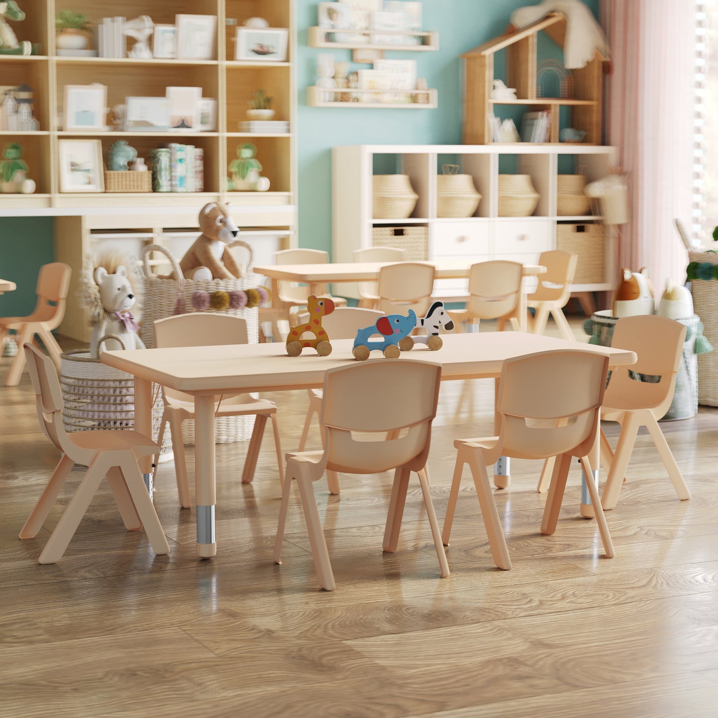 Emmy 24"W x 48"L Rectangular Natural Plastic Height Adjustable Activity Table Set with 6 Chairs Natural