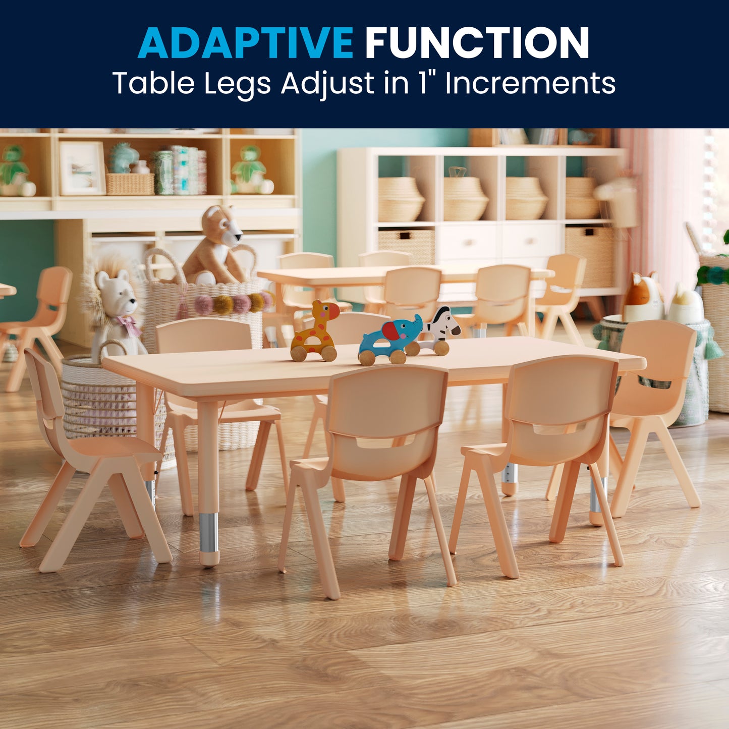 Emmy 24"W x 48"L Rectangular Natural Plastic Height Adjustable Activity Table Set with 6 Chairs Natural