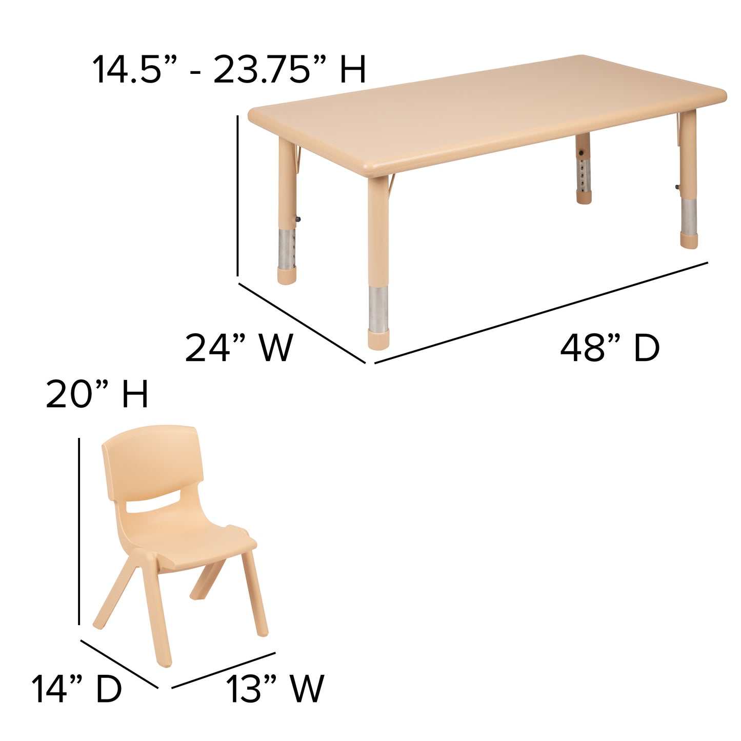 Emmy 24"W x 48"L Rectangular Natural Plastic Height Adjustable Activity Table Set with 4 Chairs Natural YU-YCX-0013-2-RECT-TBL-NAT-R-GG
