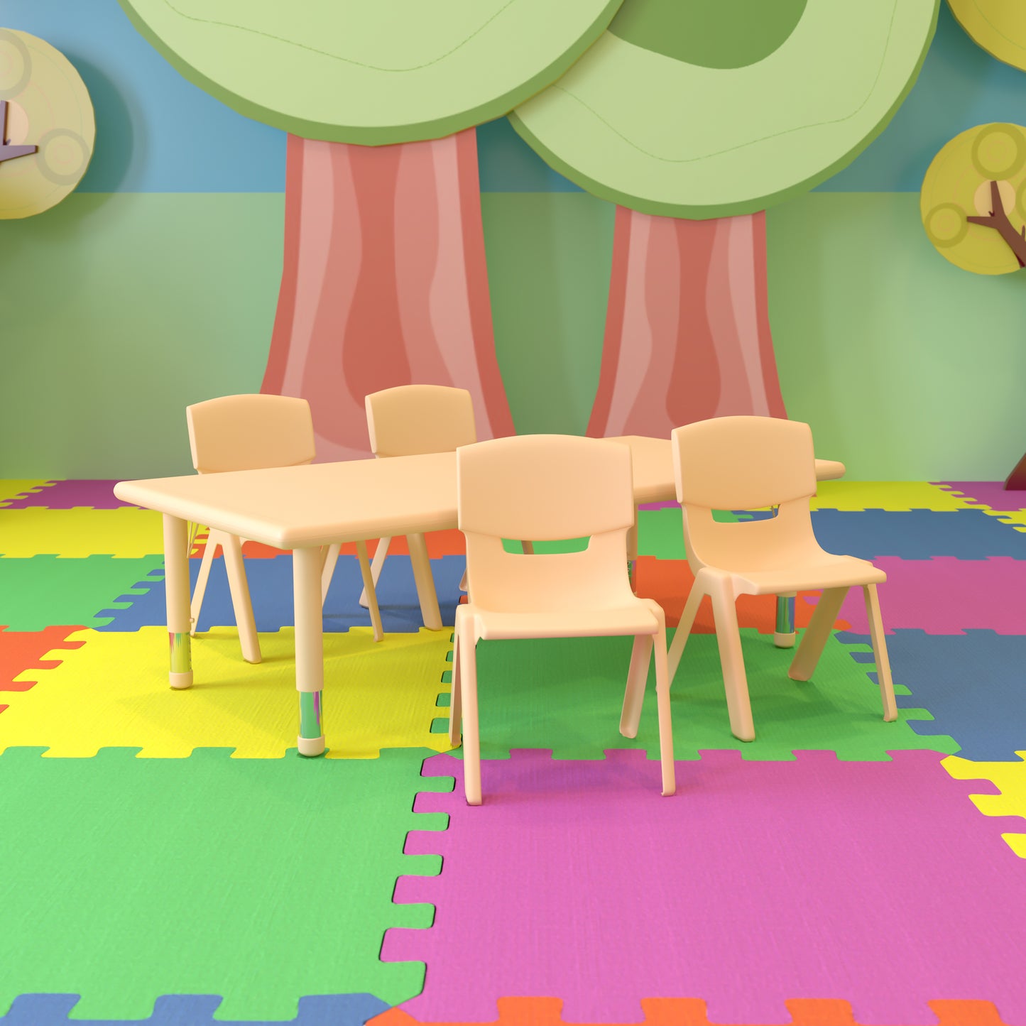Emmy 24"W x 48"L Rectangular Natural Plastic Height Adjustable Activity Table Set with 4 Chairs Natural YU-YCX-0013-2-RECT-TBL-NAT-R-GG