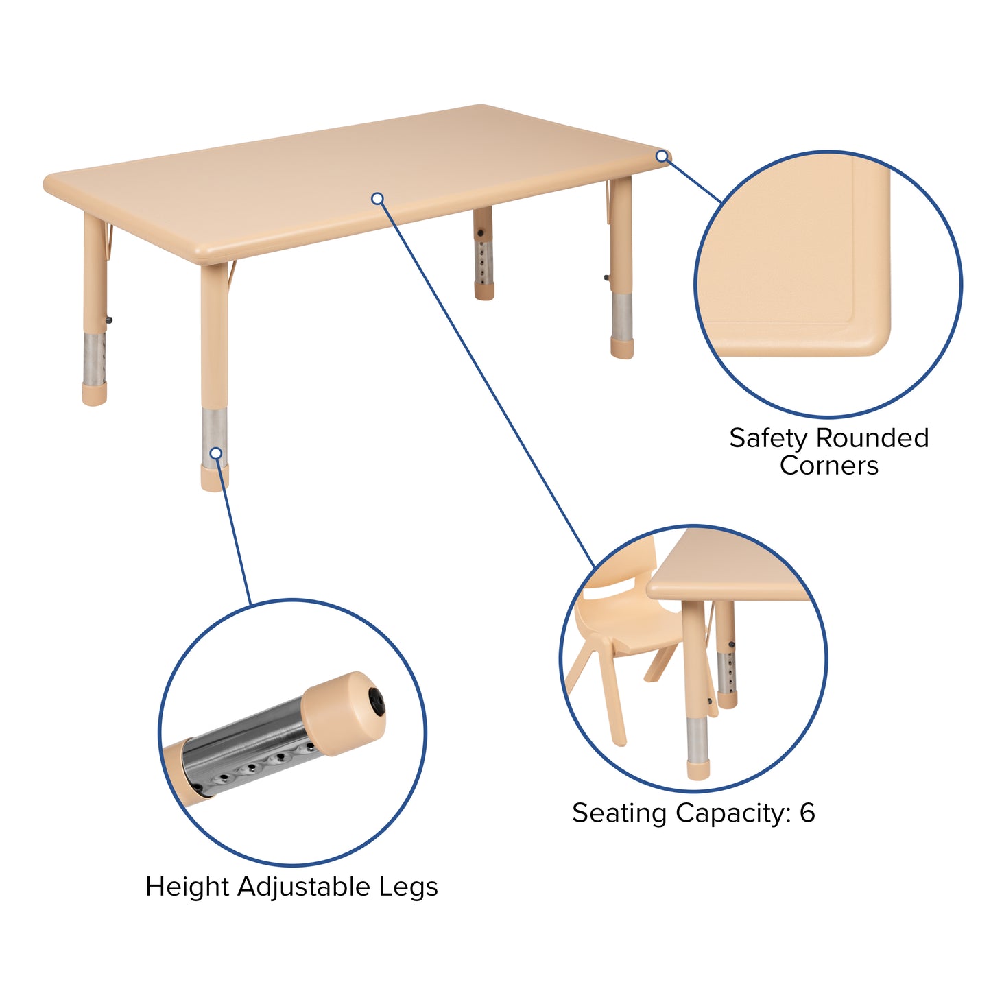 Emmy 24"W x 48"L Rectangular Natural Plastic Height Adjustable Activity Table Set with 4 Chairs Natural YU-YCX-0013-2-RECT-TBL-NAT-R-GG